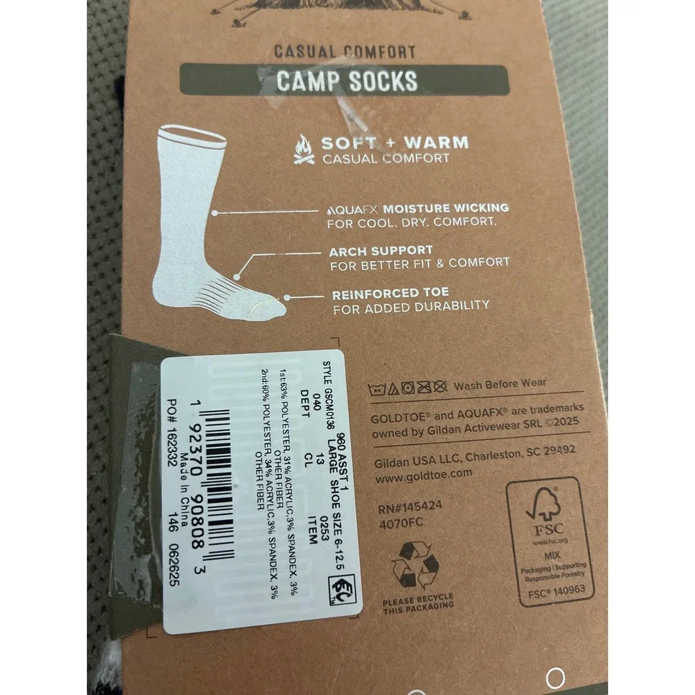 Gold Toe Signature Casual Comfort Camp Socks 2 Pair Pack Mens 6-12.5 Aztec Hiker